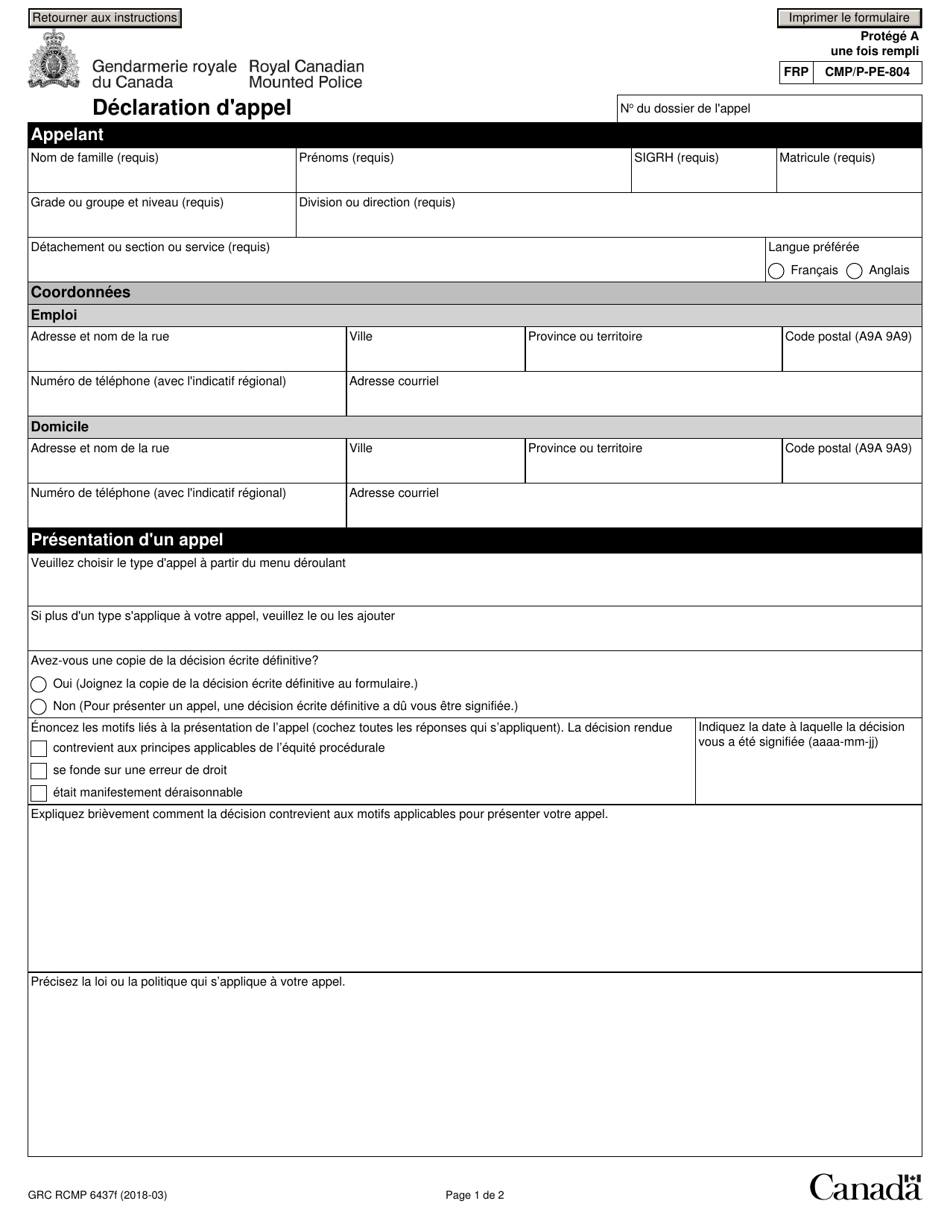 Forme RCMP GRC6437 Declaration Dappel - Canada (French), Page 3