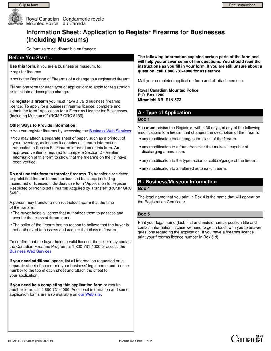 Form RCMP GRC5489 Application to Register Firearms for Businesses (Including Museums) - Canada, Page 1
