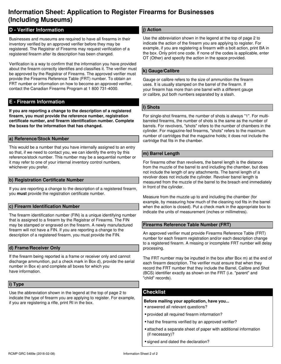 Form RCMP GRC5489 Application to Register Firearms for Businesses (Including Museums) - Canada, Page 2