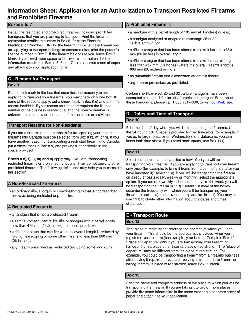 Form RCMP GRC5490 Application for an Authorization to Transport Restricted Firearms and Prohibited Firearms - Canada, Page 2
