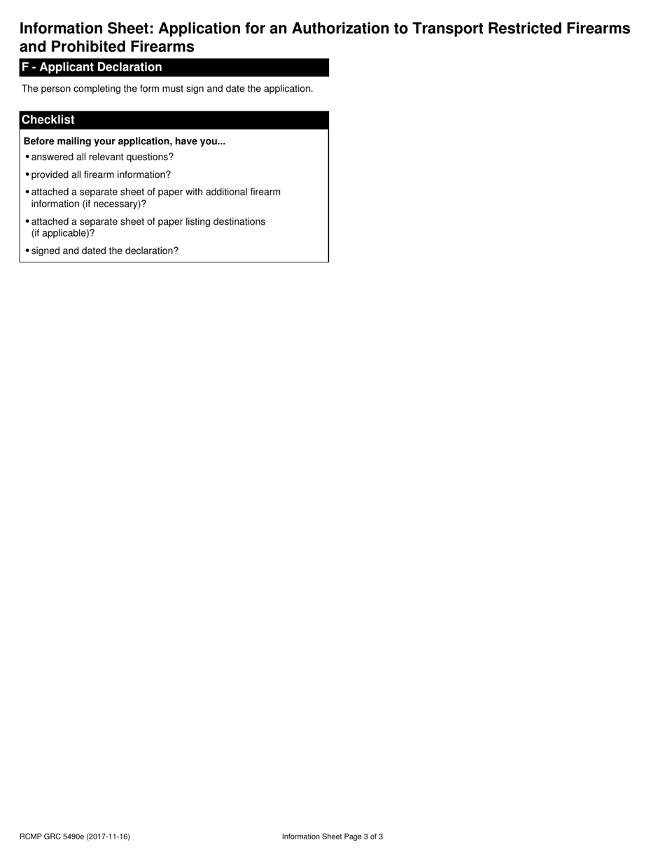 Form RCMP GRC5490 Application for an Authorization to Transport Restricted Firearms and Prohibited Firearms - Canada, Page 3