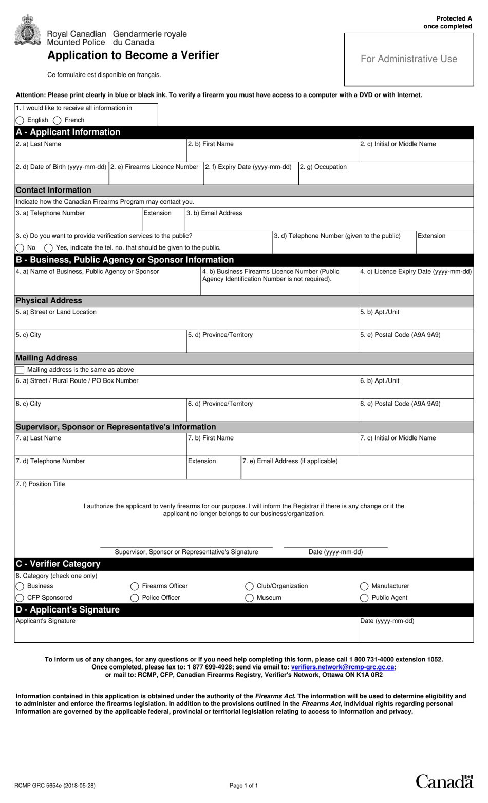 Form RCMP GRC5654 Application to Become a Verifier - Canada, Page 1