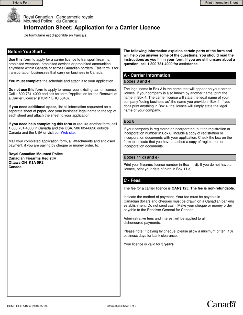 Form RCMP GRC5488 Application for a Carrier Licence - Canada, Page 1