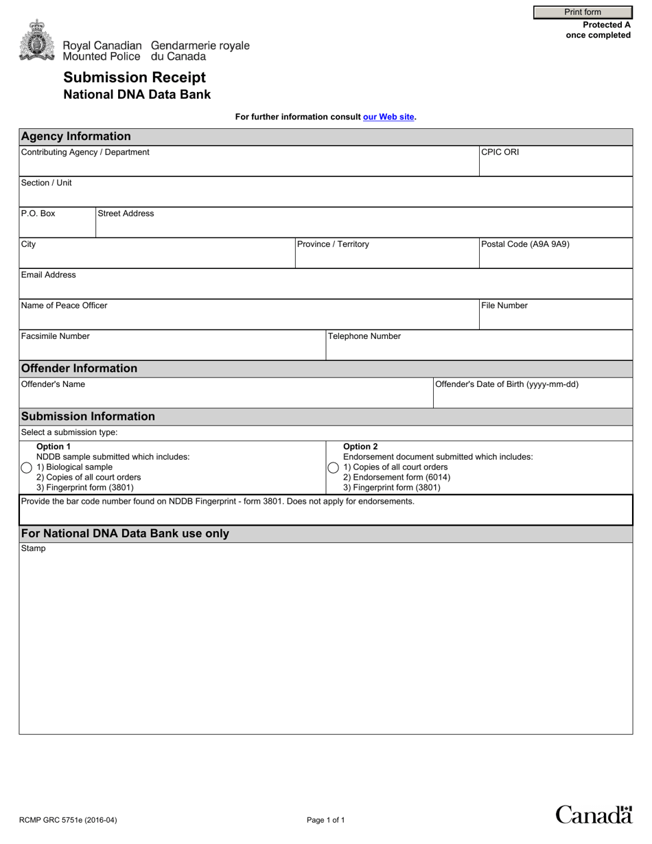 Form RCMP GRC5751 National Dna Data Bank - Submission Receipt - Canada, Page 1