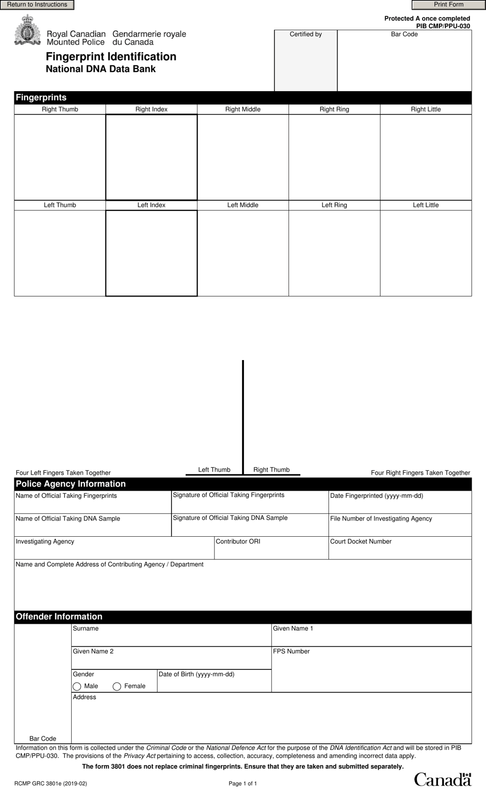 Form RCMP GRC3801 National Dna Data Bank - Fingerprint Identification - Canada, Page 2