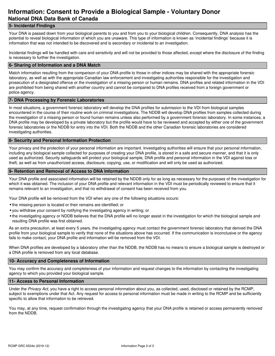 Form RCMP GRC6534E Consent to Provide a Biological Sample - Voluntary Donor - Canada, Page 2