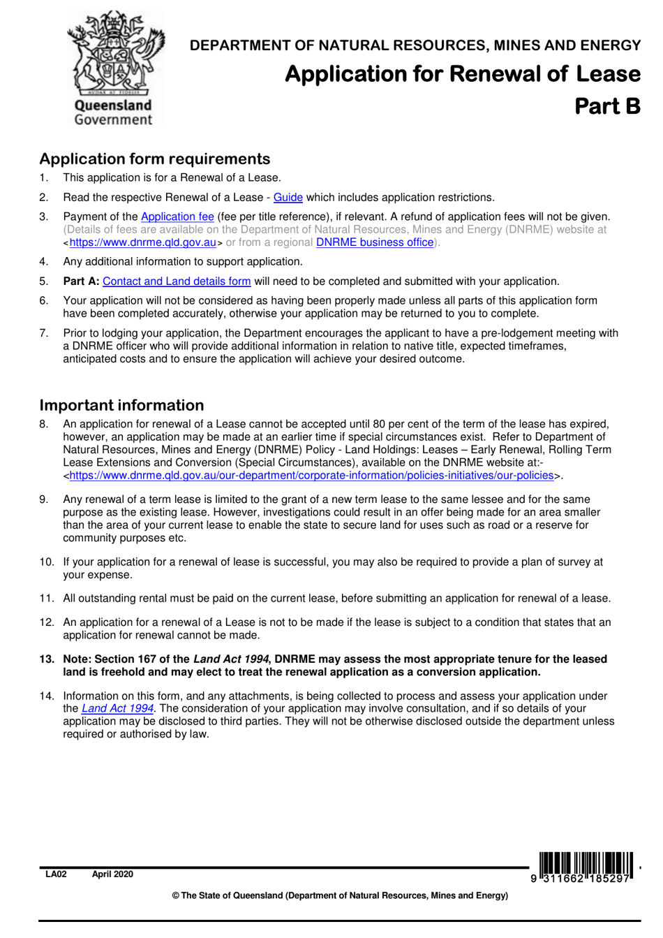 Form LA02 Part B Application for Renewal of Lease - Queensland, Australia, Page 1