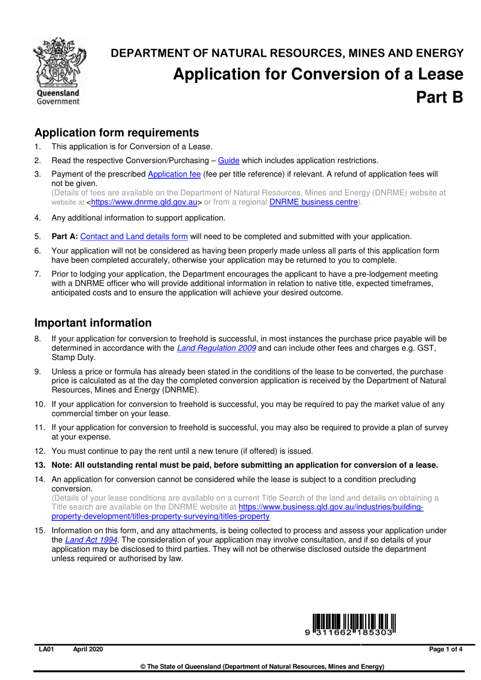 Form LA1 Part B Application for Conversion of a Lease - Queensland, Australia, Page 1