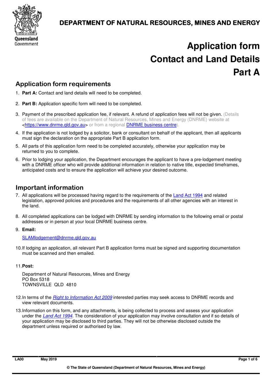 Form LA00 Part A Application Form Contact and Land Details - Queensland, Australia, Page 1
