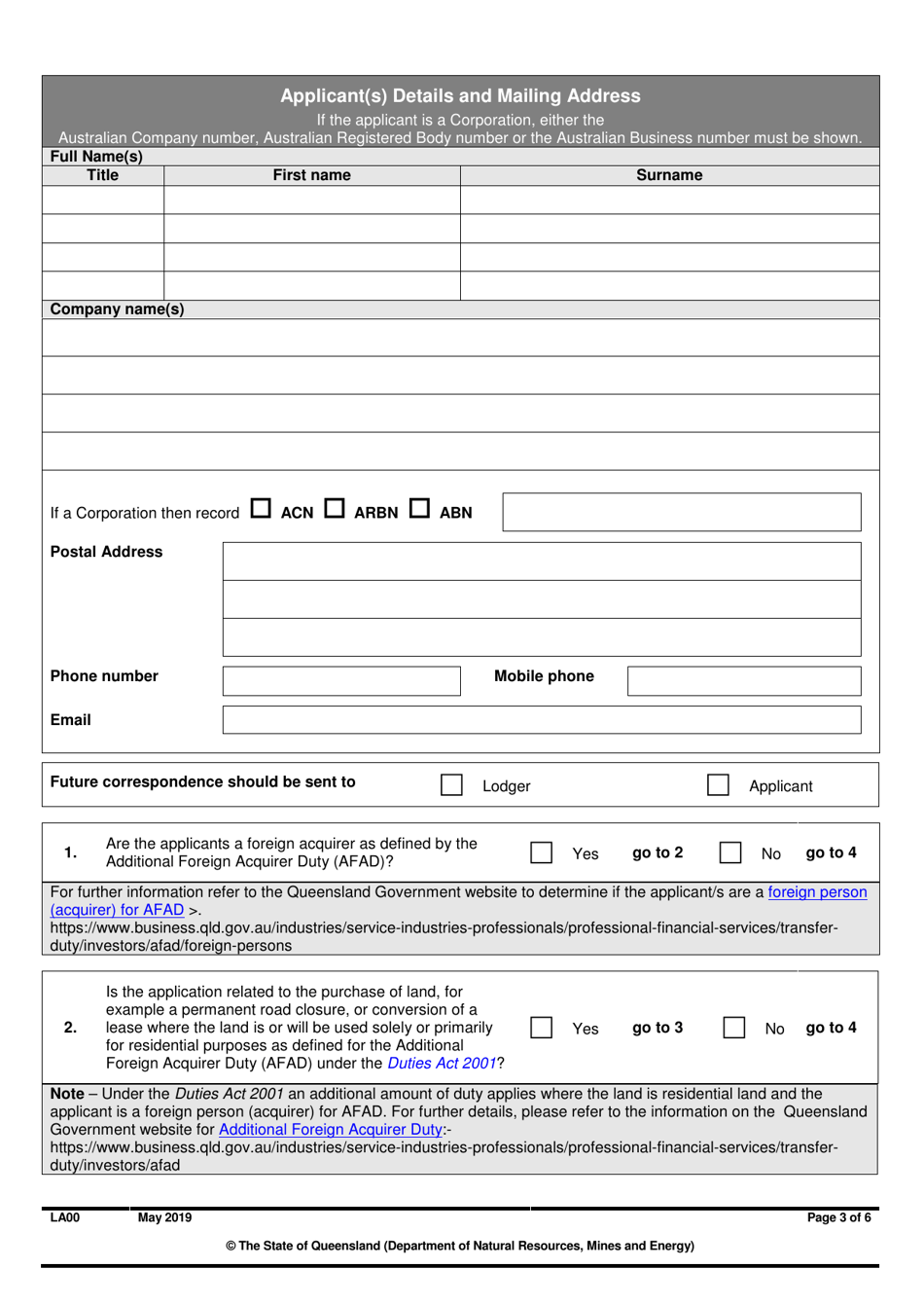 Form LA00 Part A Application Form Contact and Land Details - Queensland, Australia, Page 3