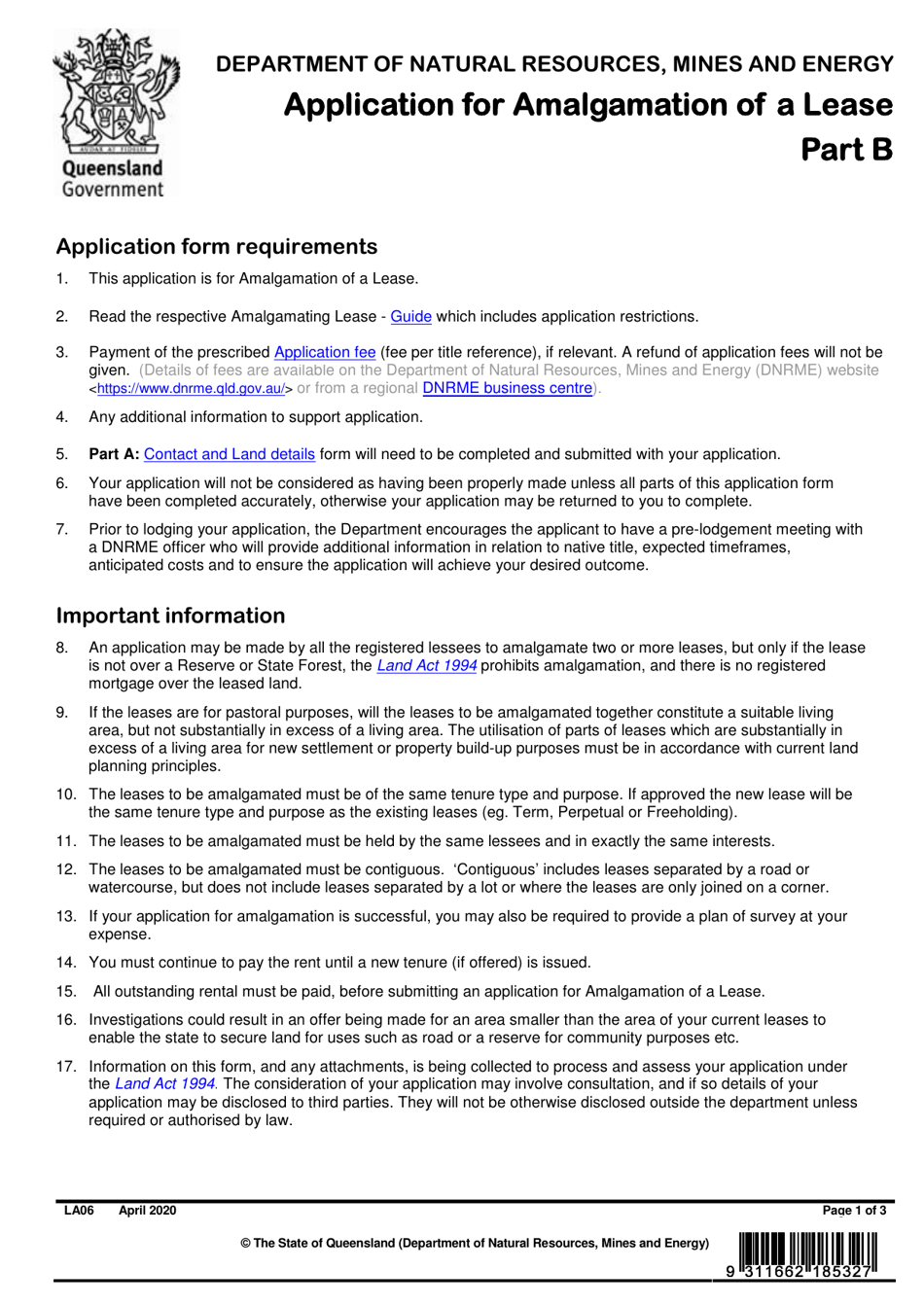 Form LA06 Part B Application for Amalgamation of a Lease - Queensland, Australia, Page 1