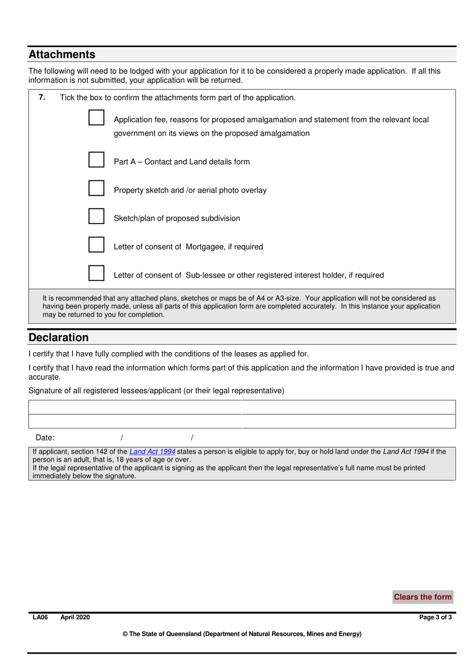 Form LA06 Part B Application for Amalgamation of a Lease - Queensland, Australia, Page 3
