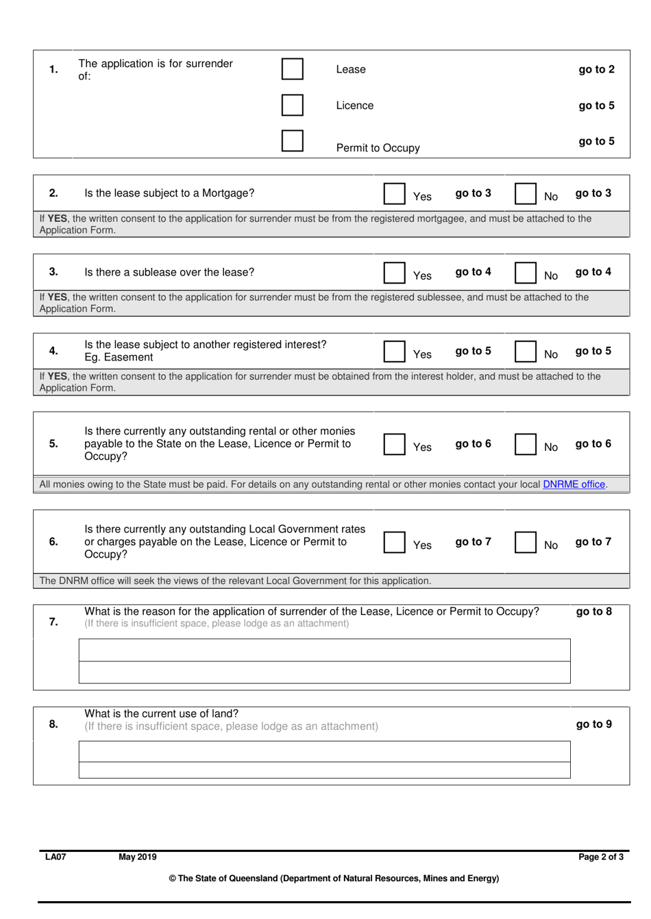 Form LA07 Part B Application for Absolute Surrender of a Lease, Licence or Permit to Occupy - Queensland, Australia, Page 2