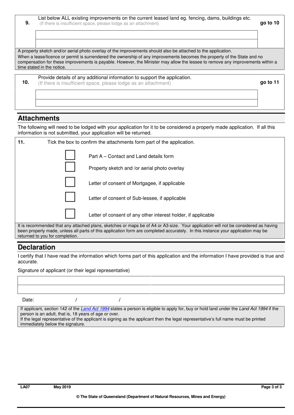 Form LA07 Part B Application for Absolute Surrender of a Lease, Licence or Permit to Occupy - Queensland, Australia, Page 3