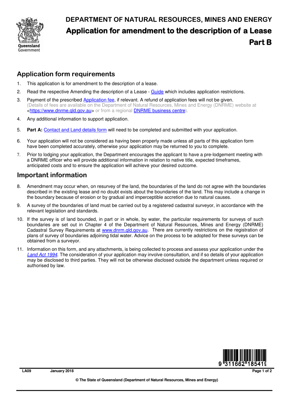 Form LA09 Part B Application for Amendment to the Description of a Lease - Queensland, Australia, Page 1