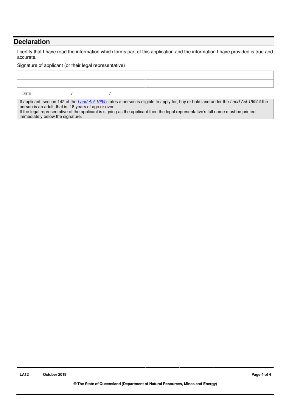 Form LA12 Part B Application to Allocate or Purchase a Reservation in Title - Queensland, Australia, Page 4