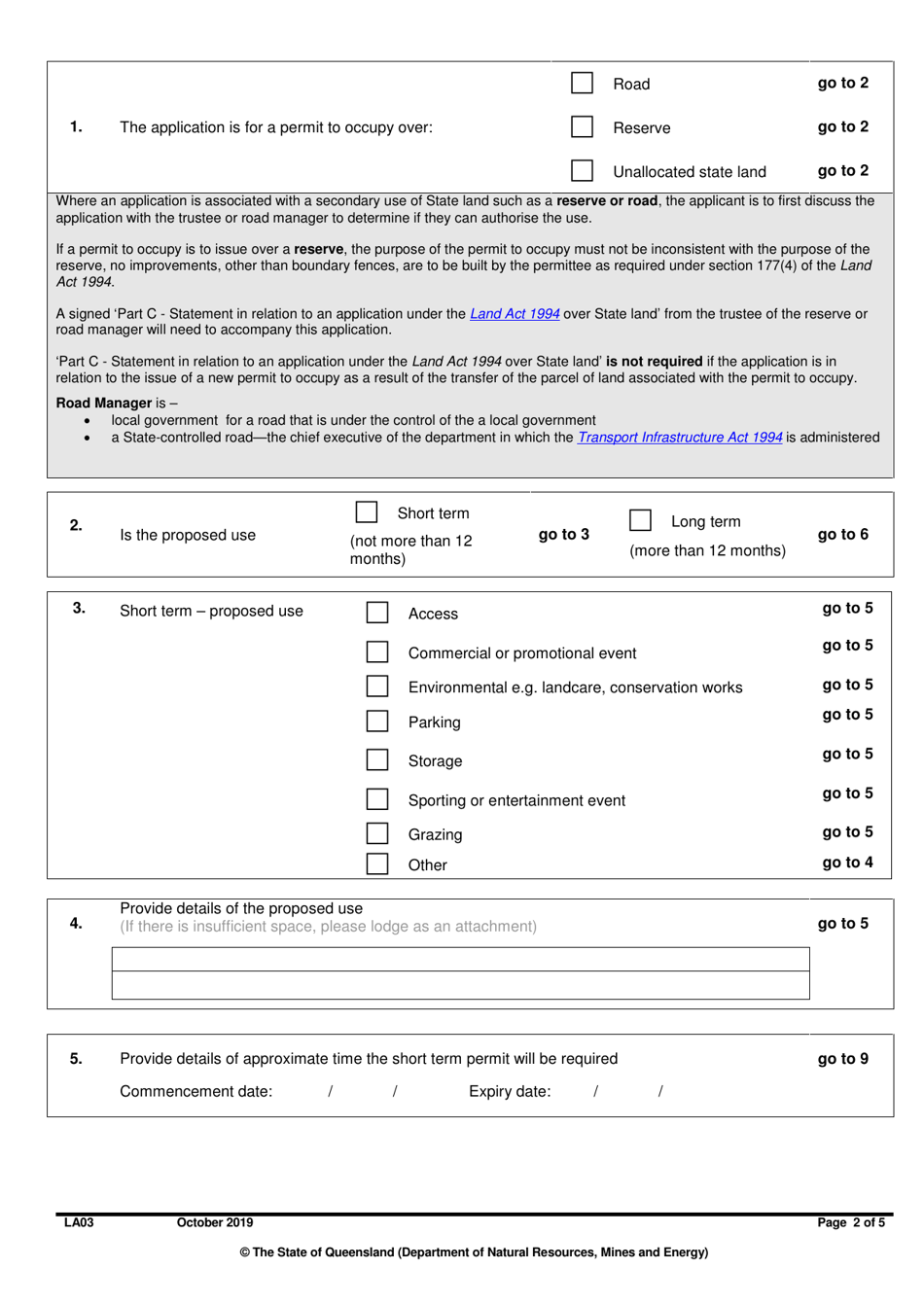 Form LA03 Part B Application for a Permit to Occupy - Queensland, Australia, Page 2