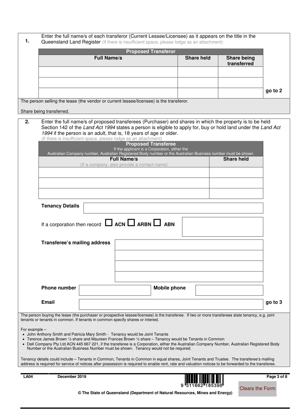 Form LA04 Part B Application for Approval to Transfer - Queensland, Australia, Page 3