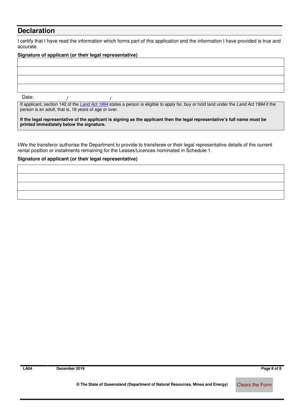 Form LA04 Part B Application for Approval to Transfer - Queensland, Australia, Page 8