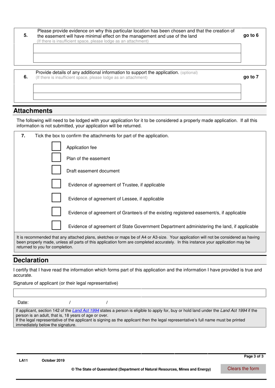Form LA11 Part B Application for an Easement Over State Land - Queensland, Australia, Page 3