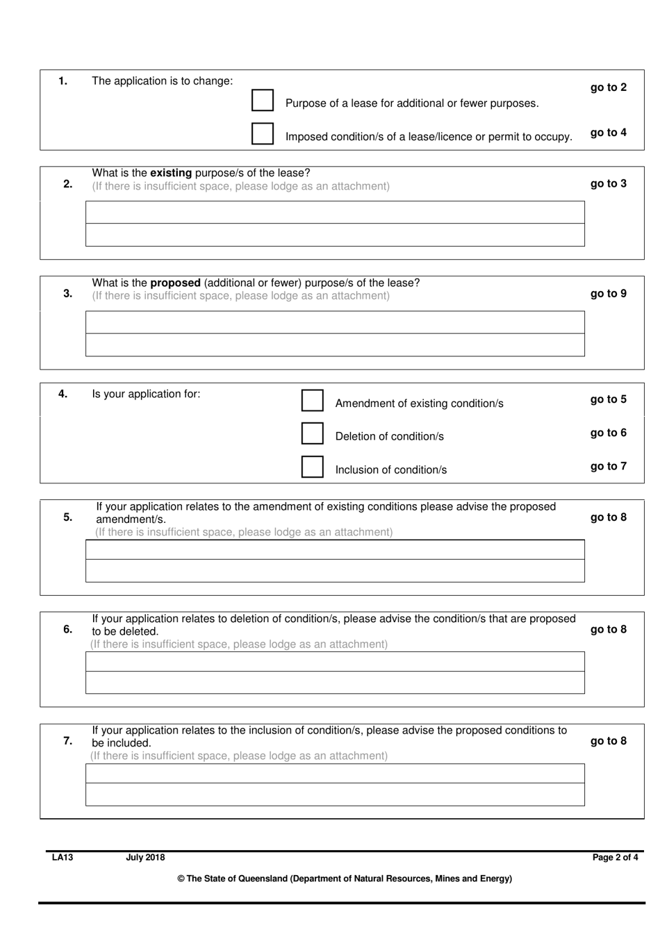Form LA13 Part B Application for Change of Purpose of a Lease and / or Conditions of a Lease, Licence or Permit to Occupy - Queensland, Australia, Page 2