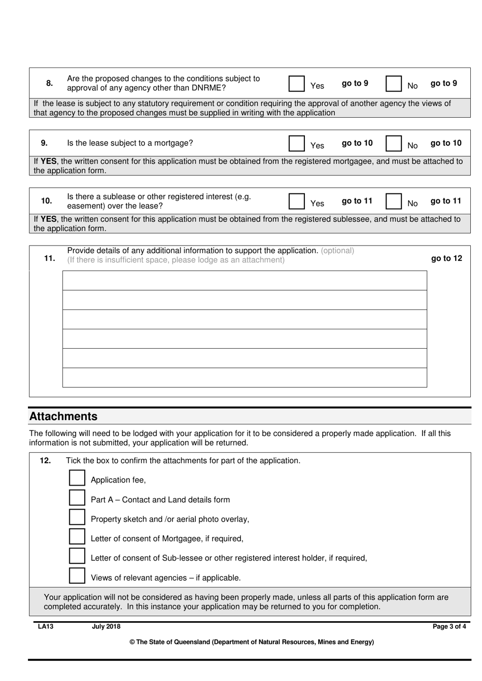 Form LA13 Part B Application for Change of Purpose of a Lease and / or Conditions of a Lease, Licence or Permit to Occupy - Queensland, Australia, Page 3