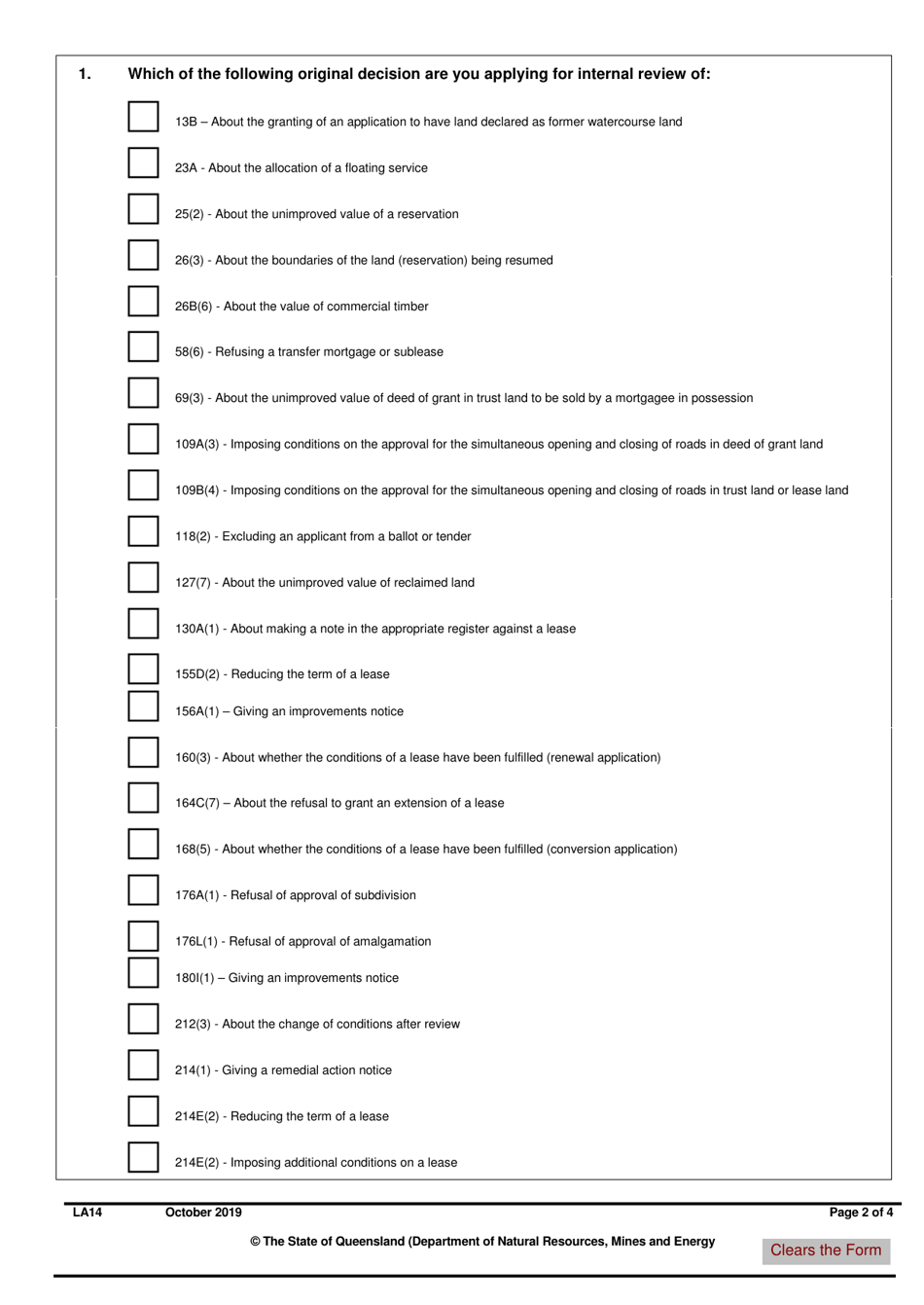 Form LA14 Part B Application for Internal Review of an Original Decision - Queensland, Australia, Page 2