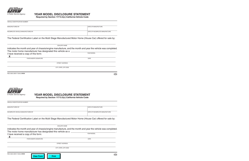 Form REG5060 Year Model Disclosure Statement - California, Page 1