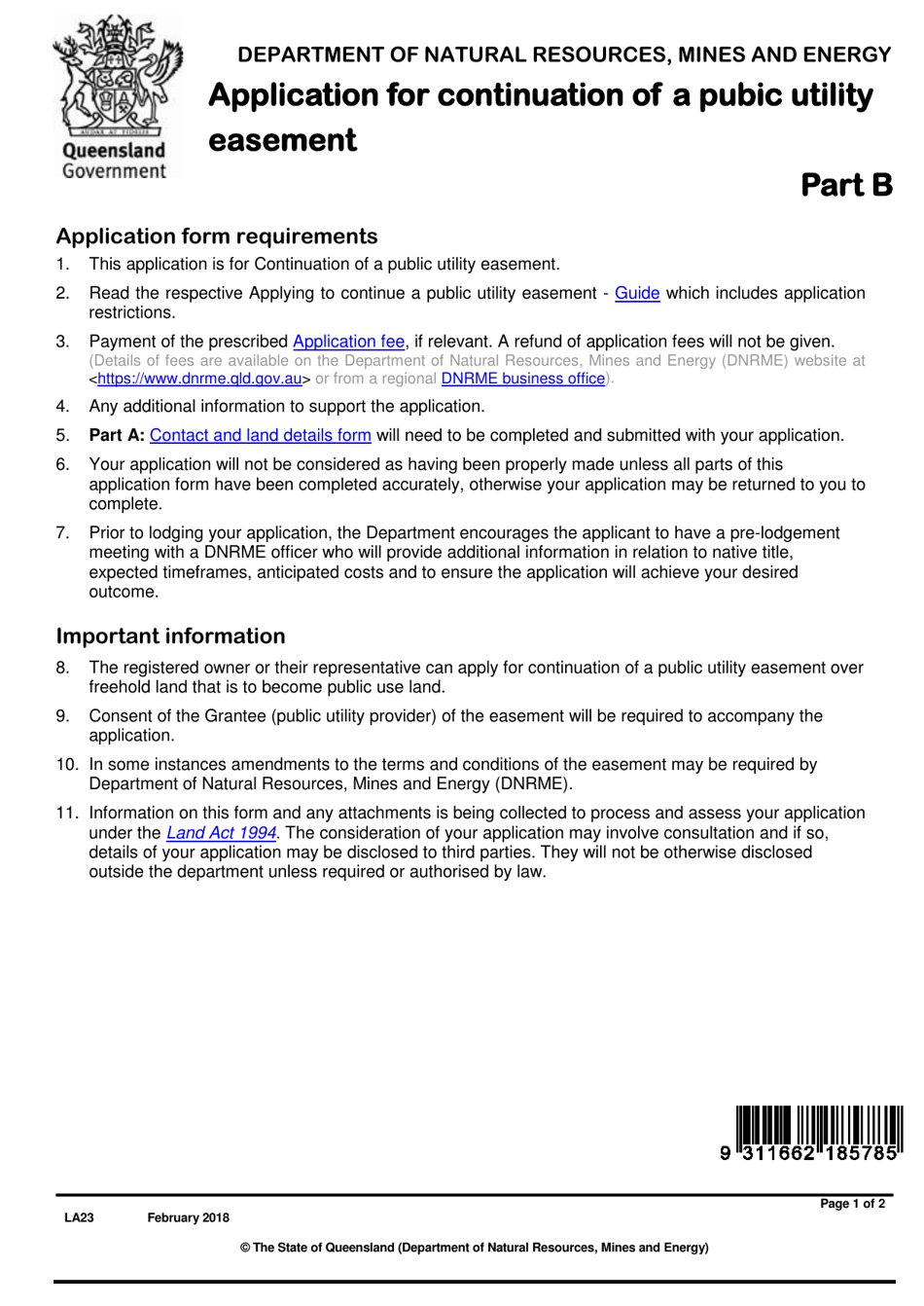 Form LA23 Part B Application for Continuation of a Public Utility Easement - Queensland, Australia, Page 1