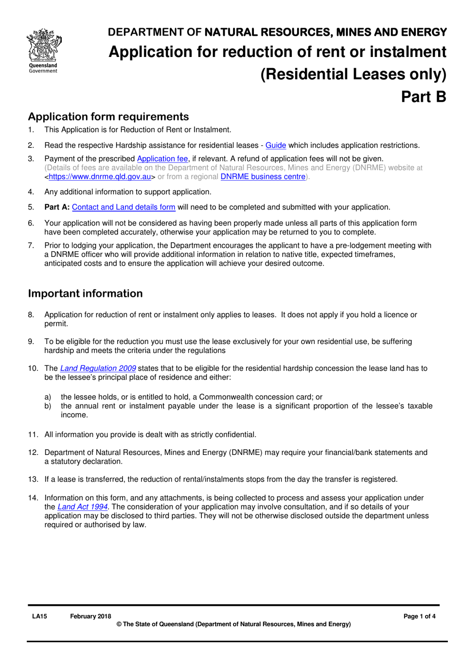 Form LA15 Part B Application for Reduction of Rent or Instalment - Queensland, Australia, Page 1
