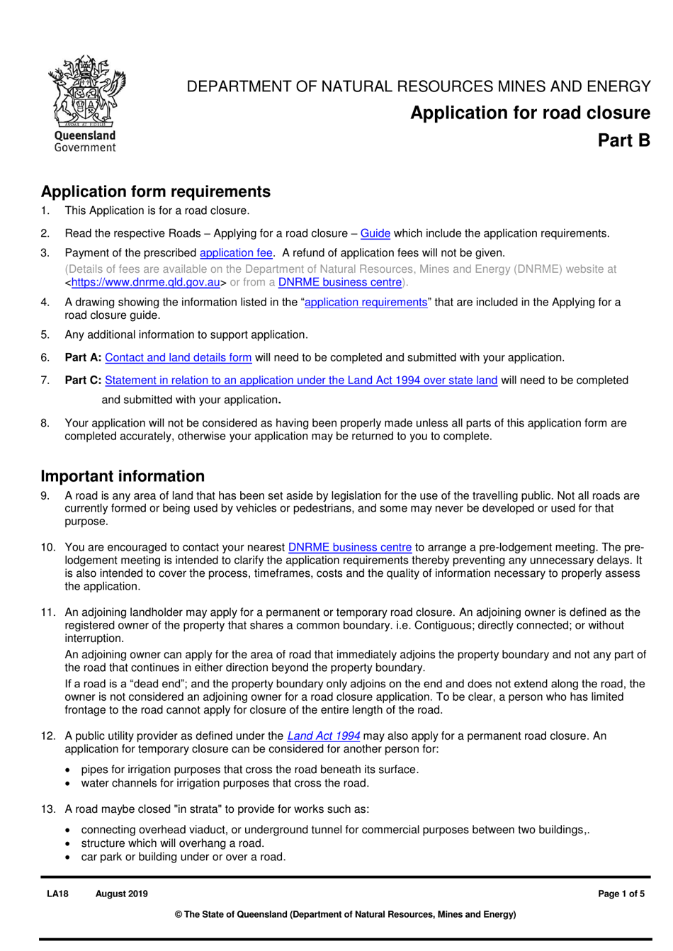 Form LA18 Part B Application for Road Closure - Queensland, Australia, Page 1