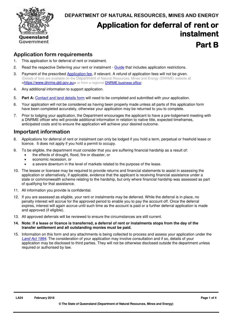 Form LA24 Part B Application for Deferral of Rent or Instalment - Queensland, Australia, Page 1