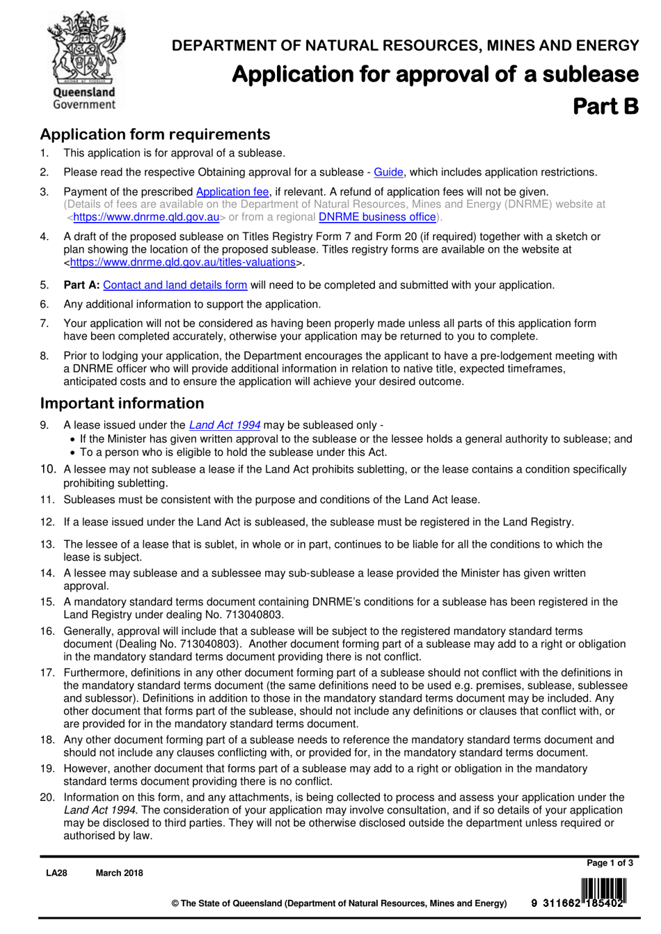 Form LA28 Part B Application for Approval of a Sublease - Queensland, Australia, Page 1