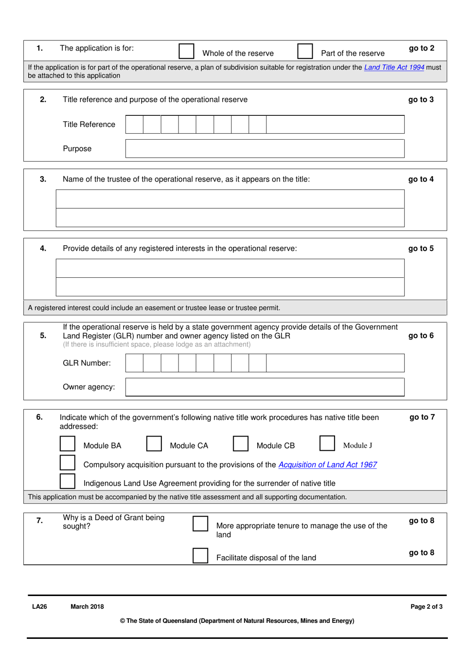 Form LA26 Part B Application for Deed of Grant Over an Operational Reserve - Queensland, Australia, Page 2