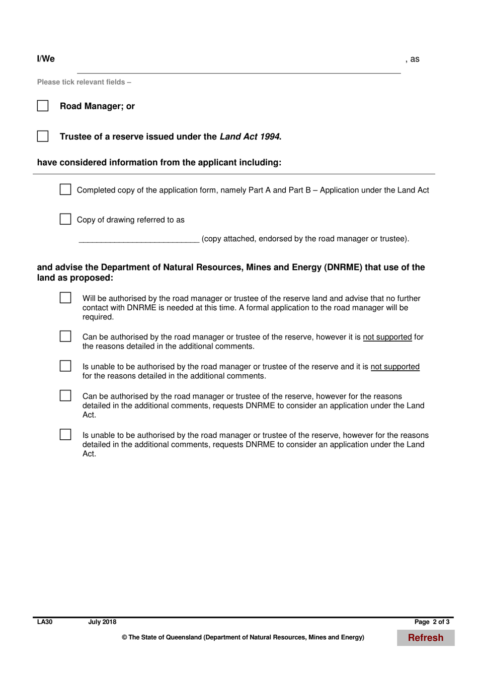 Form LA30 Part C Statement in Relation to an Application Under the Land Act 1994 Over State Land - Queensland, Australia, Page 2