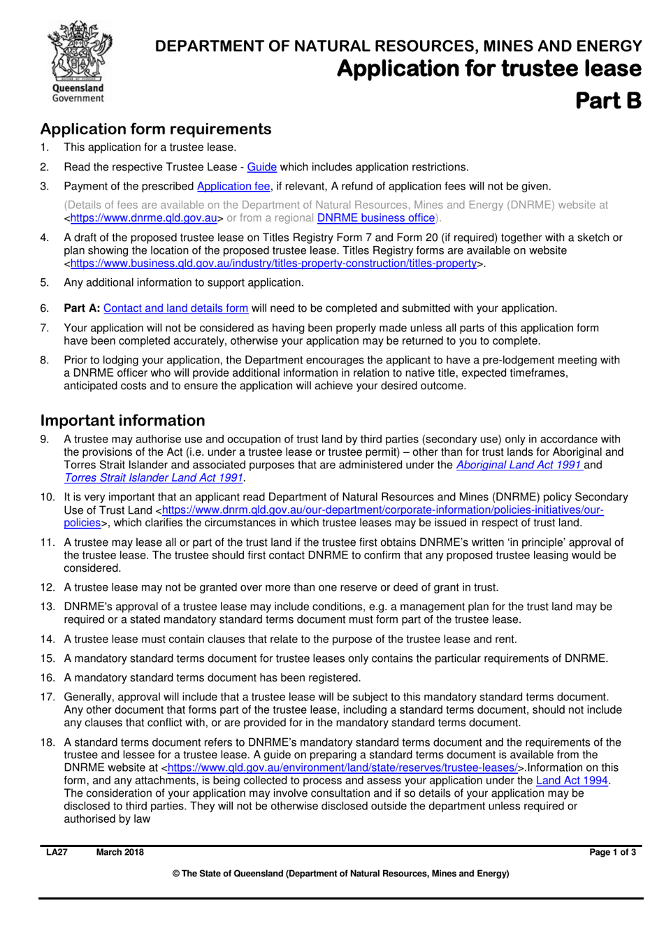 Form LA27 Part B Application for a Trustee Lease - Queensland, Australia, Page 1