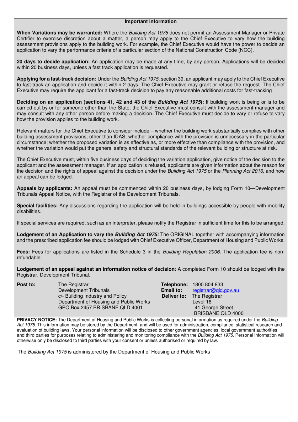 Form 9 Application to Vary the Building Act 1975 - Queensland, Australia, Page 2