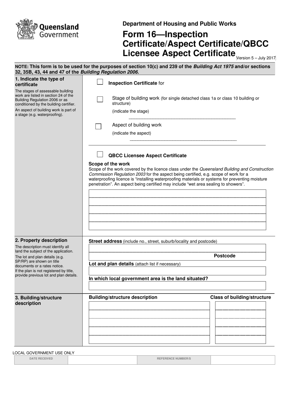 Form 16 Inspection Certificate / Aspect Certificate / Qbcc Licensee Aspect Certificate - Queensland, Australia, Page 1