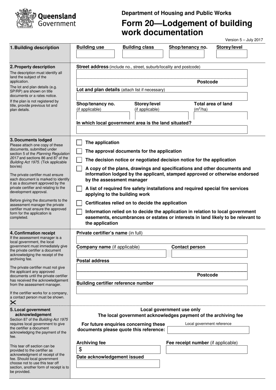 Form 20 Lodgement of Building Work Documentation - Queensland, Australia, Page 1