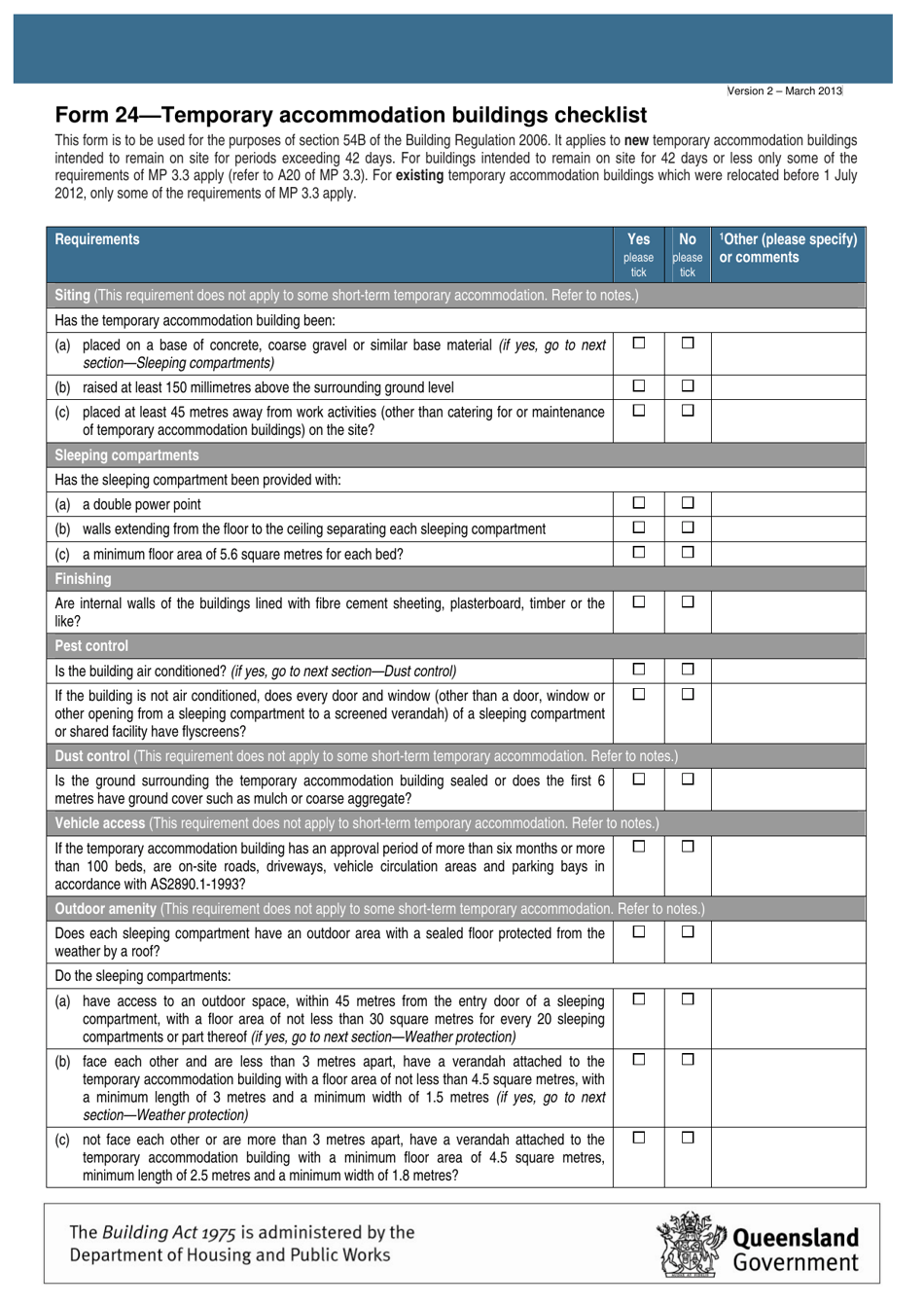 Form 24 Temporary Accommodation Buildings Checklist - Queensland, Australia, Page 1