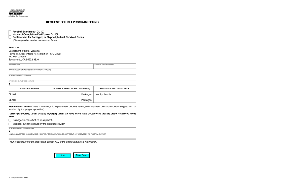 Form DL101R Request for Dui Program Forms - California, Page 1