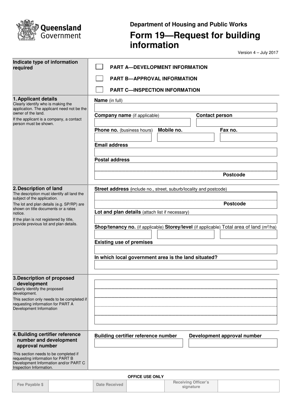 Form 19 Request for Building Information - Queensland, Australia, Page 1