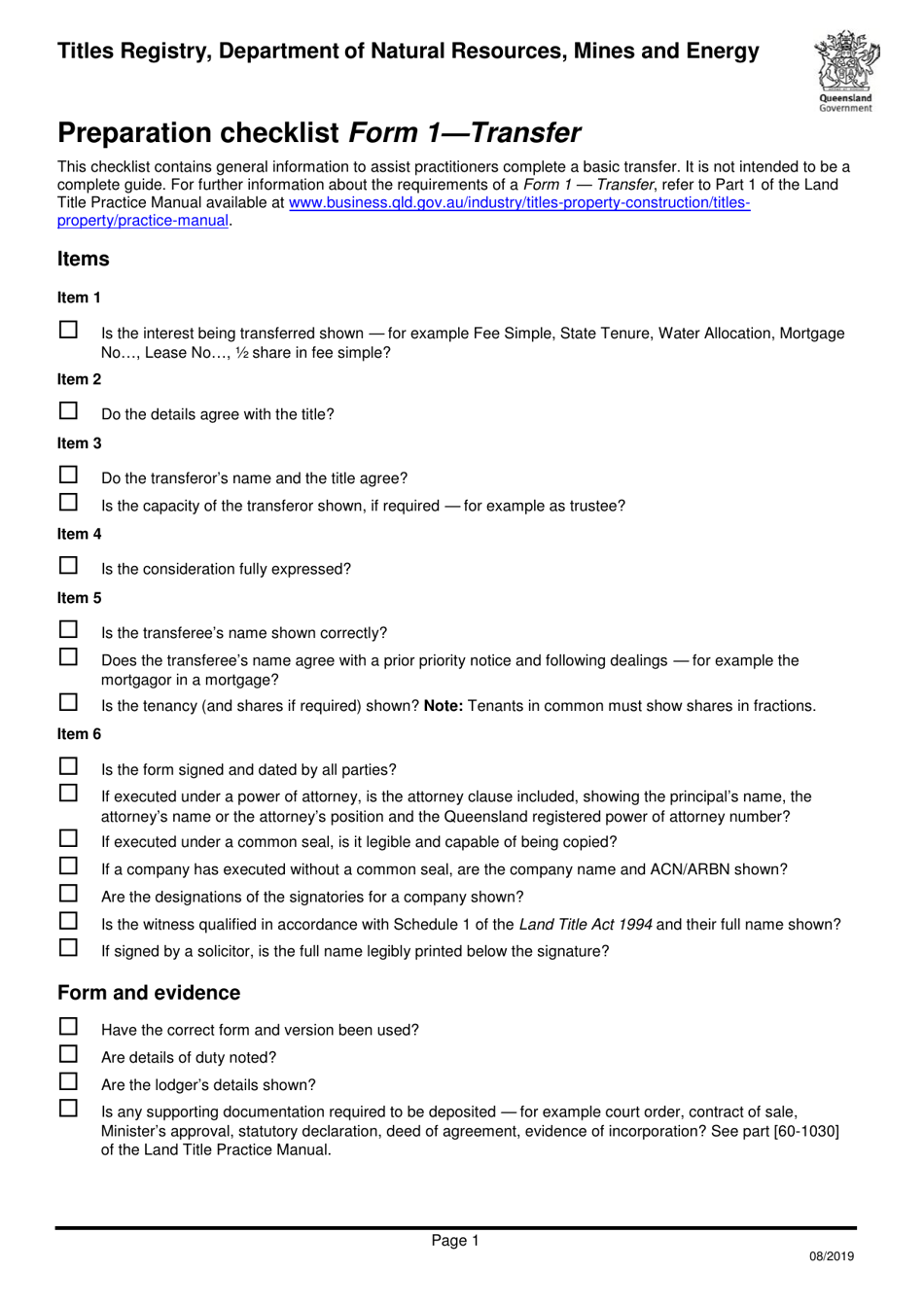 Form 1 Preparation Checklist -transfer - Queensland, Australia, Page 1