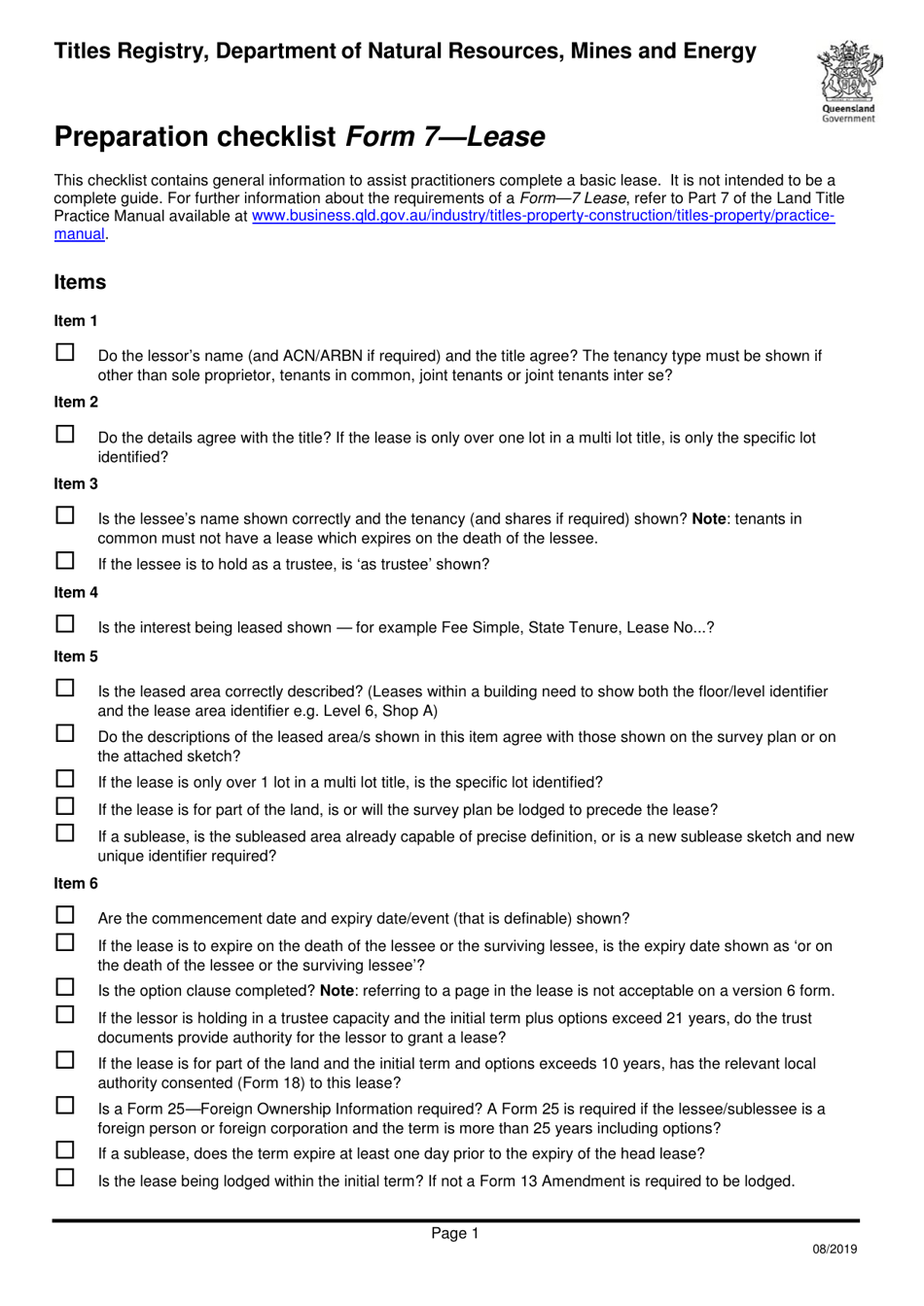 Form 7 Preparation Checklist -lease - Queensland, Australia, Page 1