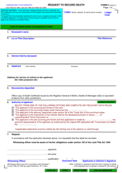 Document preview: Form 4 Request to Record Death - Queensland, Australia