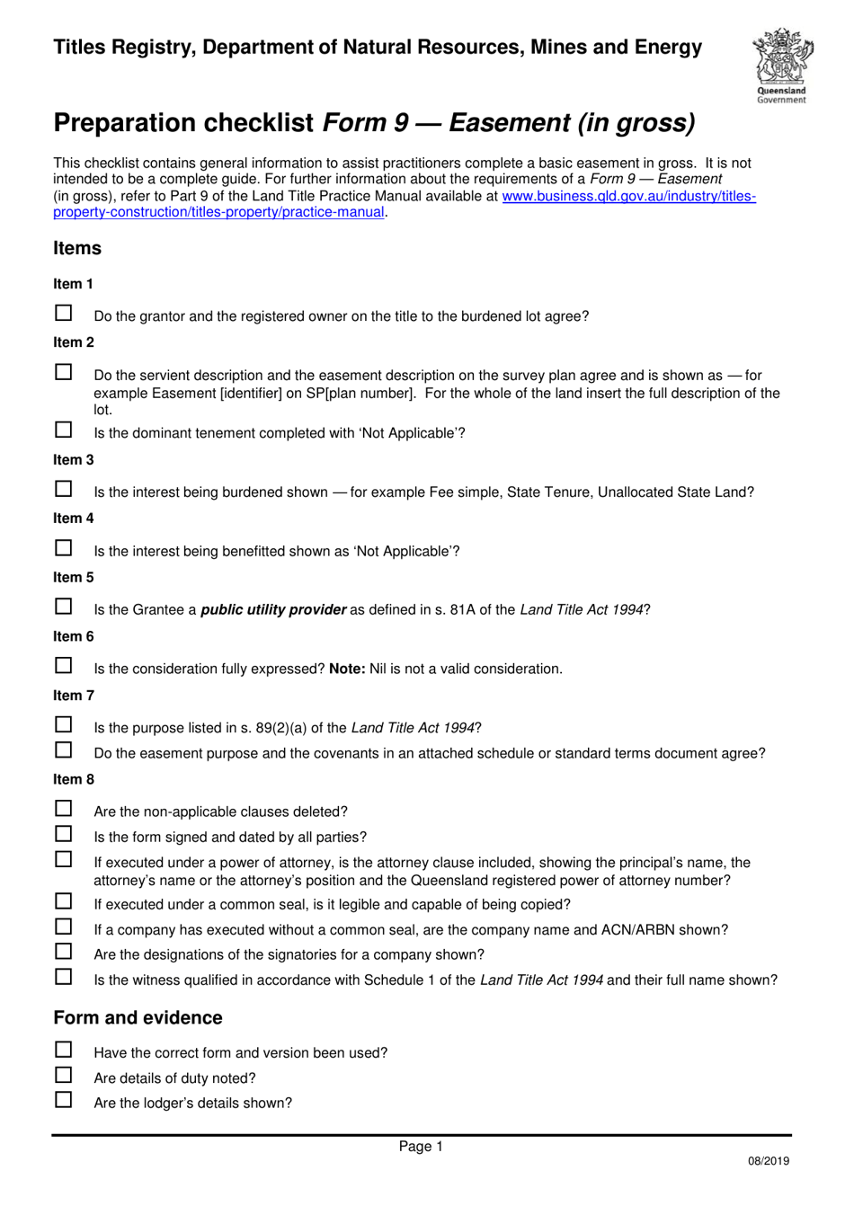 Form 9 Preparation Checklist - Easement (In Gross) - Queensland, Australia, Page 1
