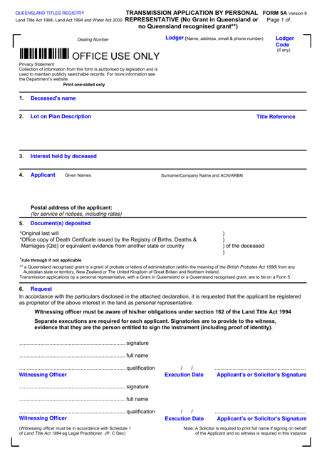 Form 5A Transmission Application (No Grant in Queensland or No Queensland Recognised Grant) - Queensland, Australia