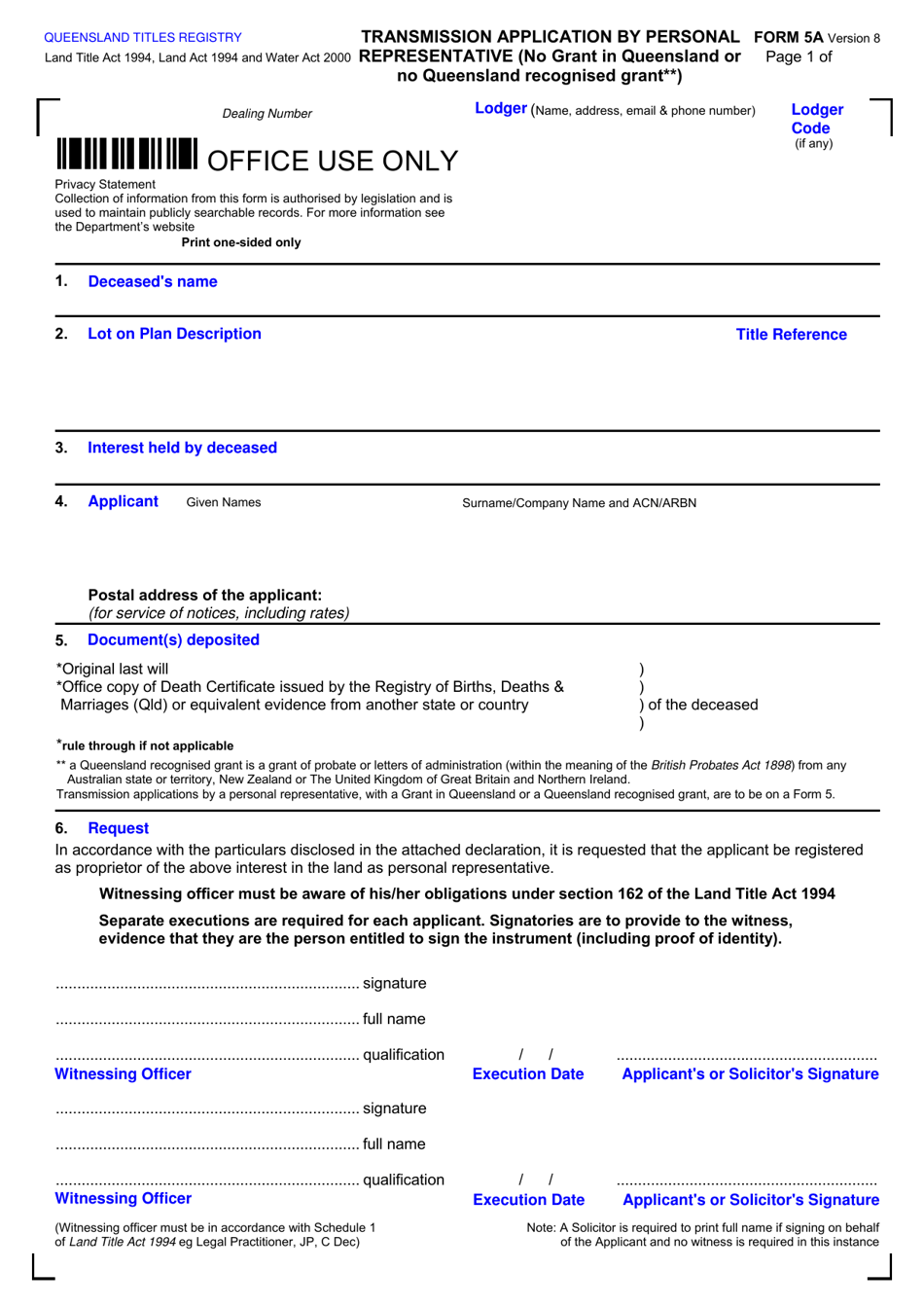 Form 5A Fill Out, Sign Online and Download Fillable PDF, Queensland