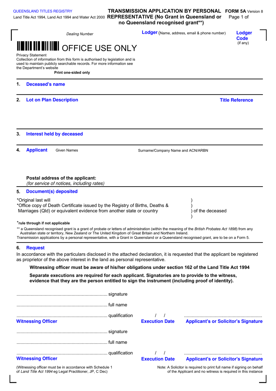 Form 5A Transmission Application (No Grant in Queensland or No Queensland Recognised Grant) - Queensland, Australia, Page 1