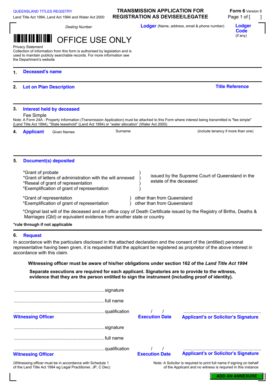 Form 6 Transmission Application for Registration as Devisee / Legatee - Queensland, Australia, Page 1